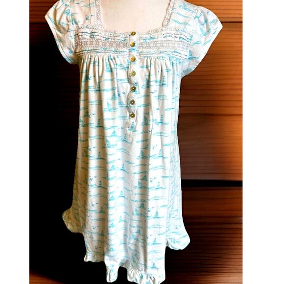 Eileen West Babydoll Nightgown XS-S Nautical Sailboat Coastal Pjs Lace Cottage - Picture 1 of 15